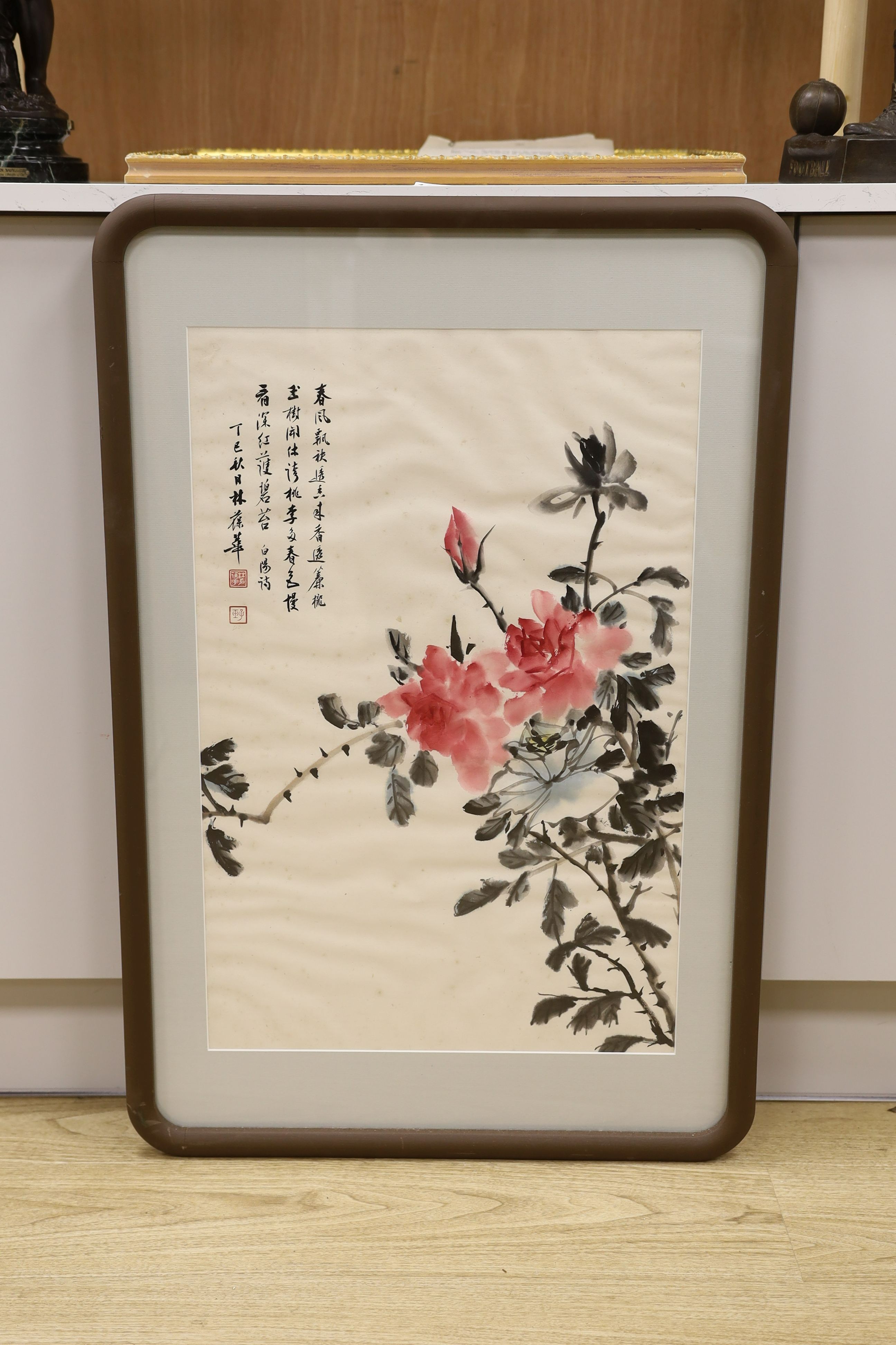 A Chinese painting on paper of peonies 67x44cm